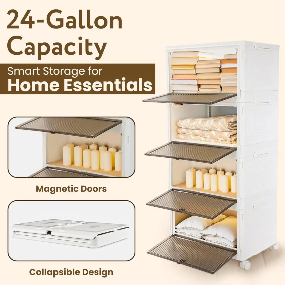 Organisateur de rangement empilable à 4 niveaux avec portes magnétiques, bacs pliables pour chambre à coucher, placard, dortoir - Capacité de 24 gallons