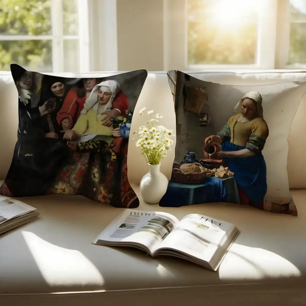 Classical Painter J-Johannes Vermeer Cushion Cover Pillowcase Anti-dustmite Invisible Zipper Short Plush Sofa Cushion