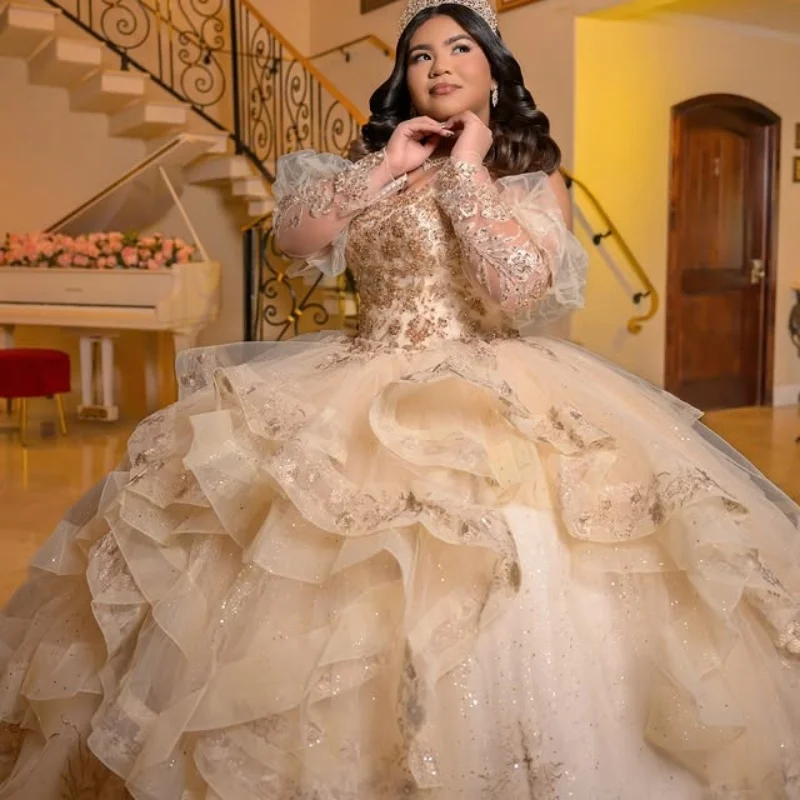 

Shiny champagne Quinceanera Dress Lace layering crystal glitter decal Bow Tull Long tail vestidos de 15 Quinceanera ﻿Customize
