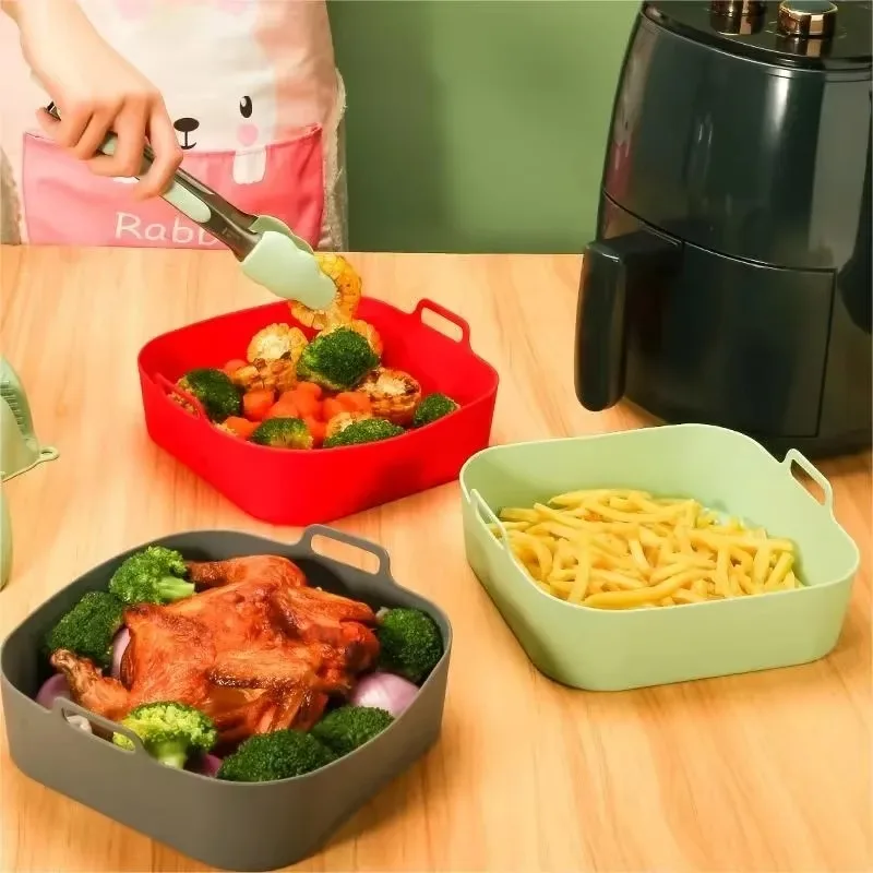 Bandeja cuadrada para hornear de silicona para freidora de aire, forro de silicona de dos orejas, estera antiadherente para hornear de alta temperatura, fácil de limpiar, 1 ud.