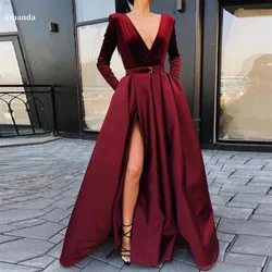 Amanda V-neck Satin Side Split Prom Dress Long Sleeve Floor-length فساتين مناسبة حسب الطلب  Complimentary Belt vestidos de festa