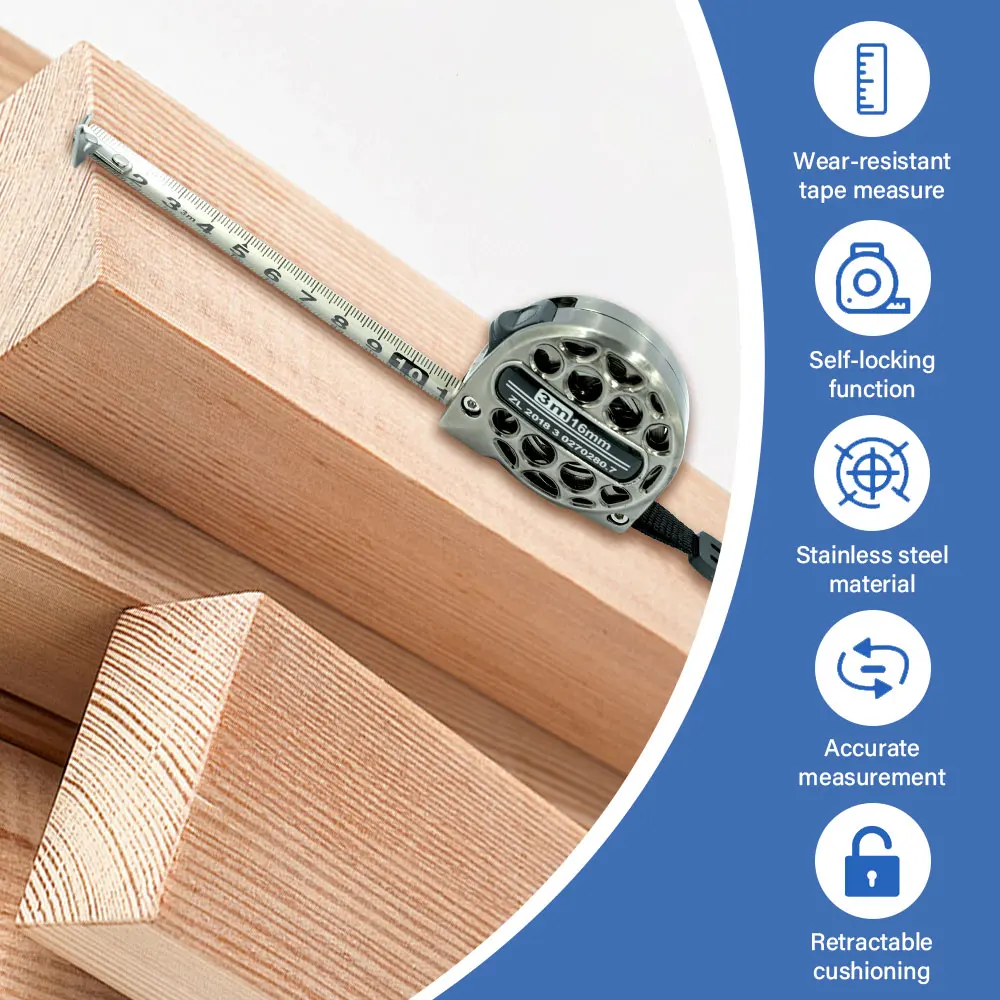 

Рулетка метрическая 3м x 16мм, из нержавеющей стали, антикоррозийная, выдвижная, с полым корпусом, для деревообработки