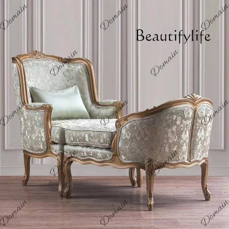 French-style solid wood court-style decorative reclining single sofa chair, European-style carved villa bedroom luxury sofa