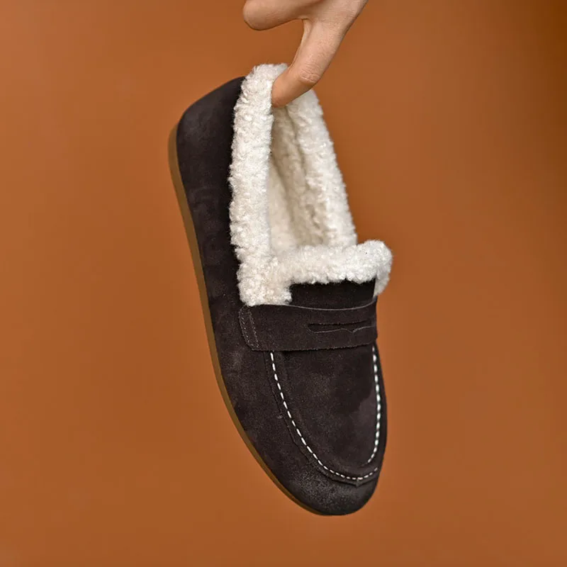 

Frosted Cow Suede Fur Women's Loafers 2025 winter Boken shoes Coffee Color Slip-on Flats Phoentin FT4308