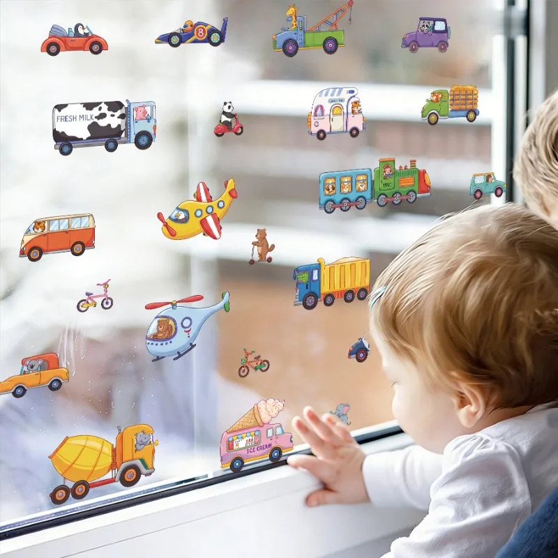 Cartoon Animal & Vehicle Static Window Clings,Home Glass & Car Window Decals, Room Decorative Static Stickers