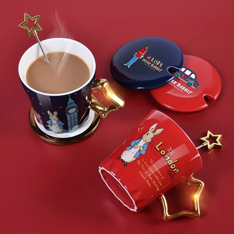 350ml England  Style Ceramic Cartoon Robbit Mug Coffee Cup with Lid Spoon Gift Box Luxury Water Cup Wth Handle