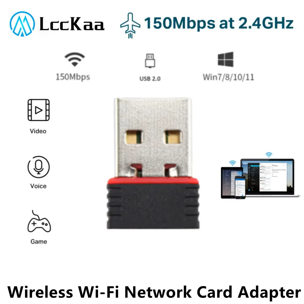 LccKaa-Mini adaptateur WiFi sans fil, 150Mbps, USB 2.0, récepteur de stérilisation 11n, dongle, carte réseau pour ordinateur de bureau, ordinateur portable, Windows, Mac, Linux