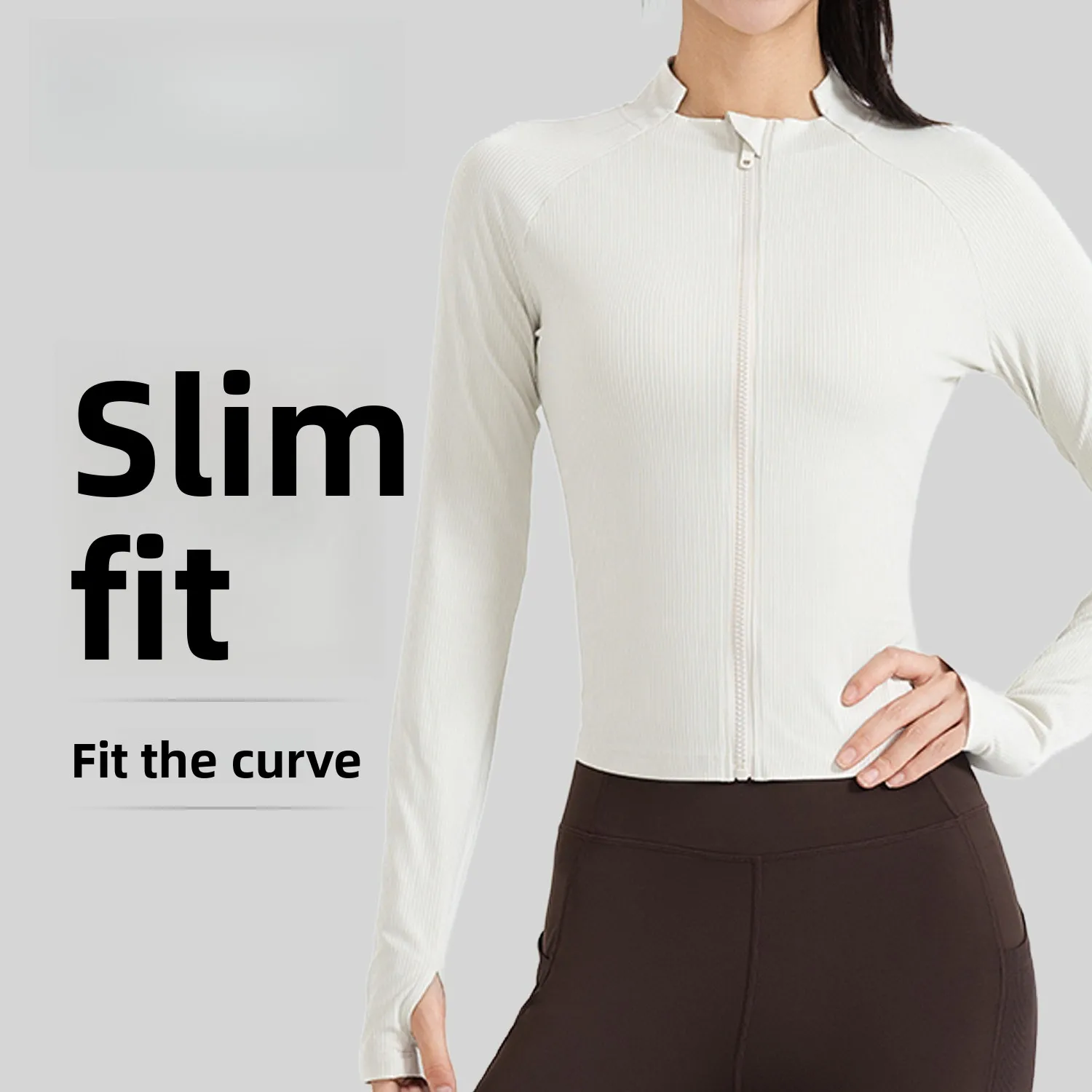 Women Zip Up Ribbed Cropped Yoga Jacket Stand Collar Thumb Hole Slim Fit Long Sleeve Gym Running Athletic Top