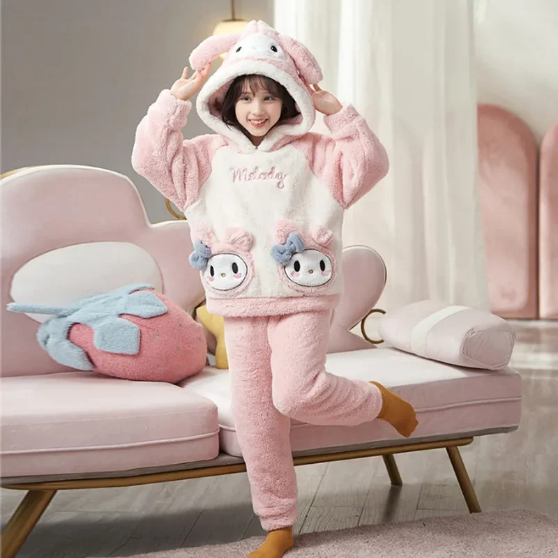 Anime Sanrio Hello Kitty Cinnamoroll Kuromi Children Winter Pajamas Cute My Melody Coral Velvet Warm Thickened Girl Pajamas Gift