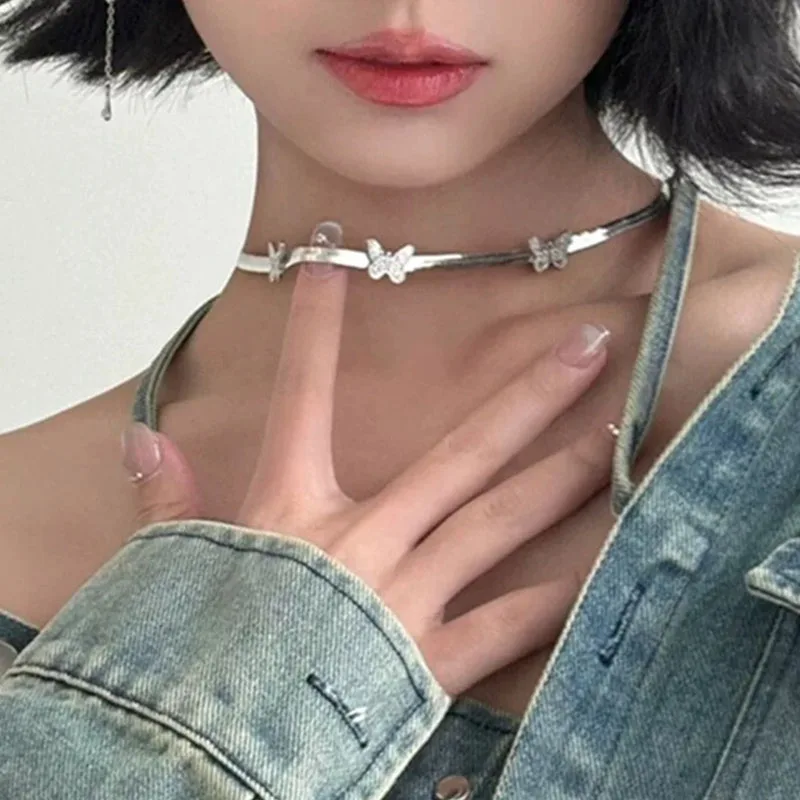 Y2K Three Butterflies Choker Necklace Clavicle Snake Bone Chain Romantic Sweet Cool Korean Niche Girl Personality Jewelry Gift