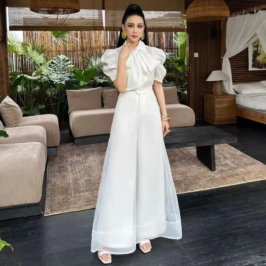 새로운 패션 오간자 와이드 레그 팔라초 팬츠 여성 우아한 여름 하이웨이스트 솔리드 컬러 오피스룩 바지 의류