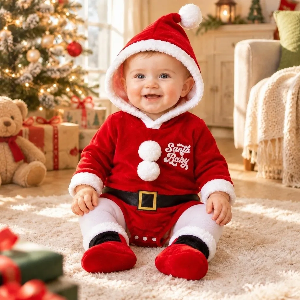 Soft Velvet Santa Claus Costume Hooded Design Long Sleeve Infant Rompers Set with Socks Set Baby Jumpsuit Outfit Christmas Party