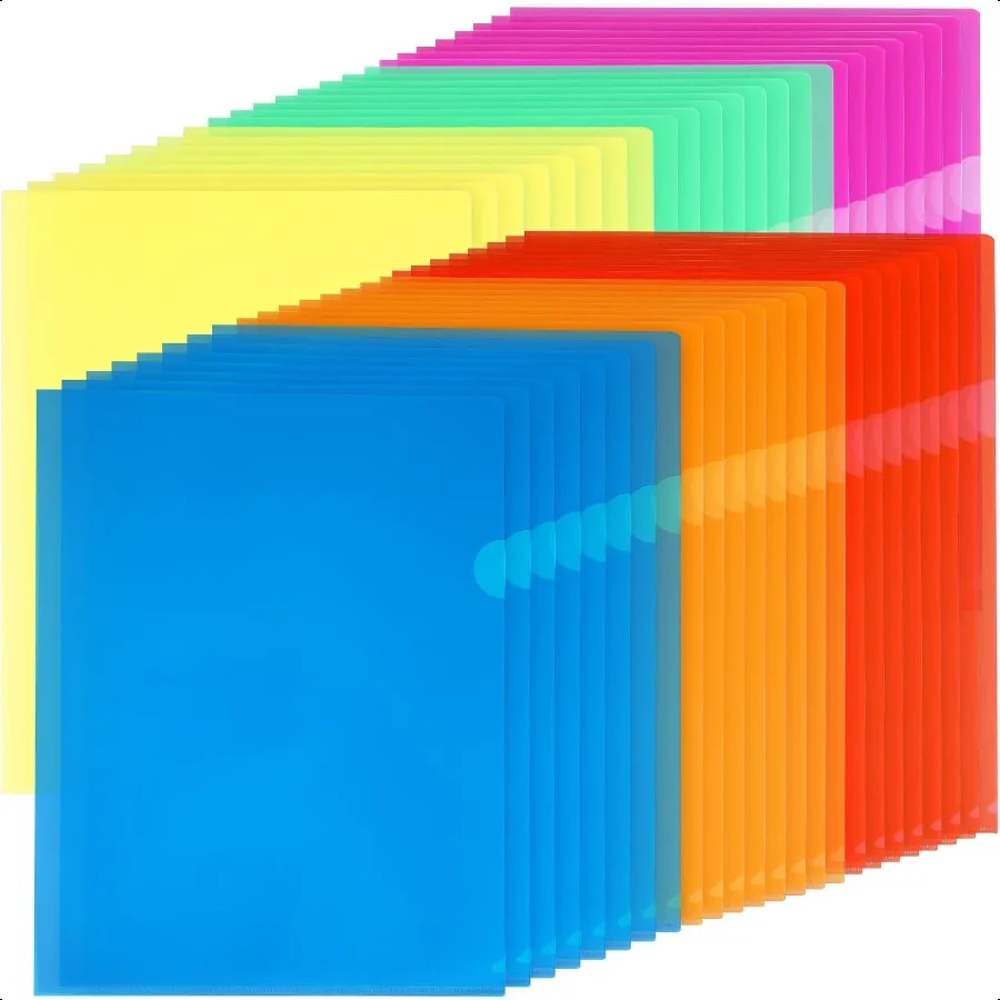 

Clear Plastic Folders Sleeves 48 Pack 6 Assorted Colors Documents Project Pockets for Letter Size 8.5x11 Paper LShaped File Jac