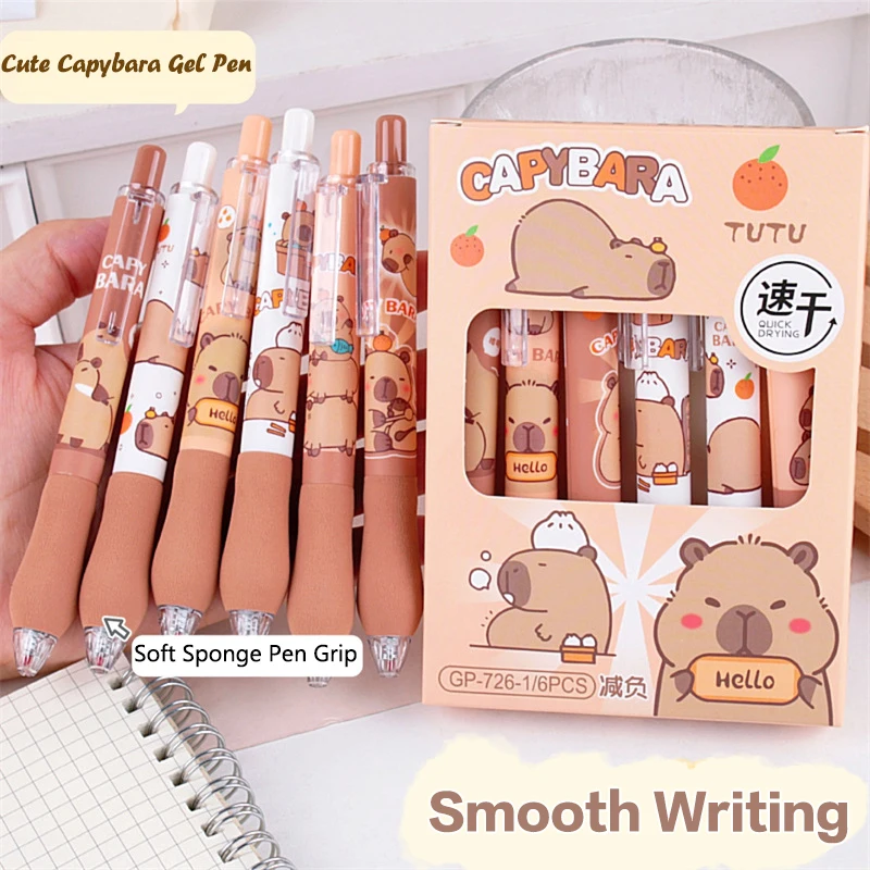 Stylos gel de dessin animé Kawaii Capybara, séchage rapide, écriture lisse, stylos melon al, fournitures scolaires et de bureau, papeterie mignonne pour étudiants, 6 pièces