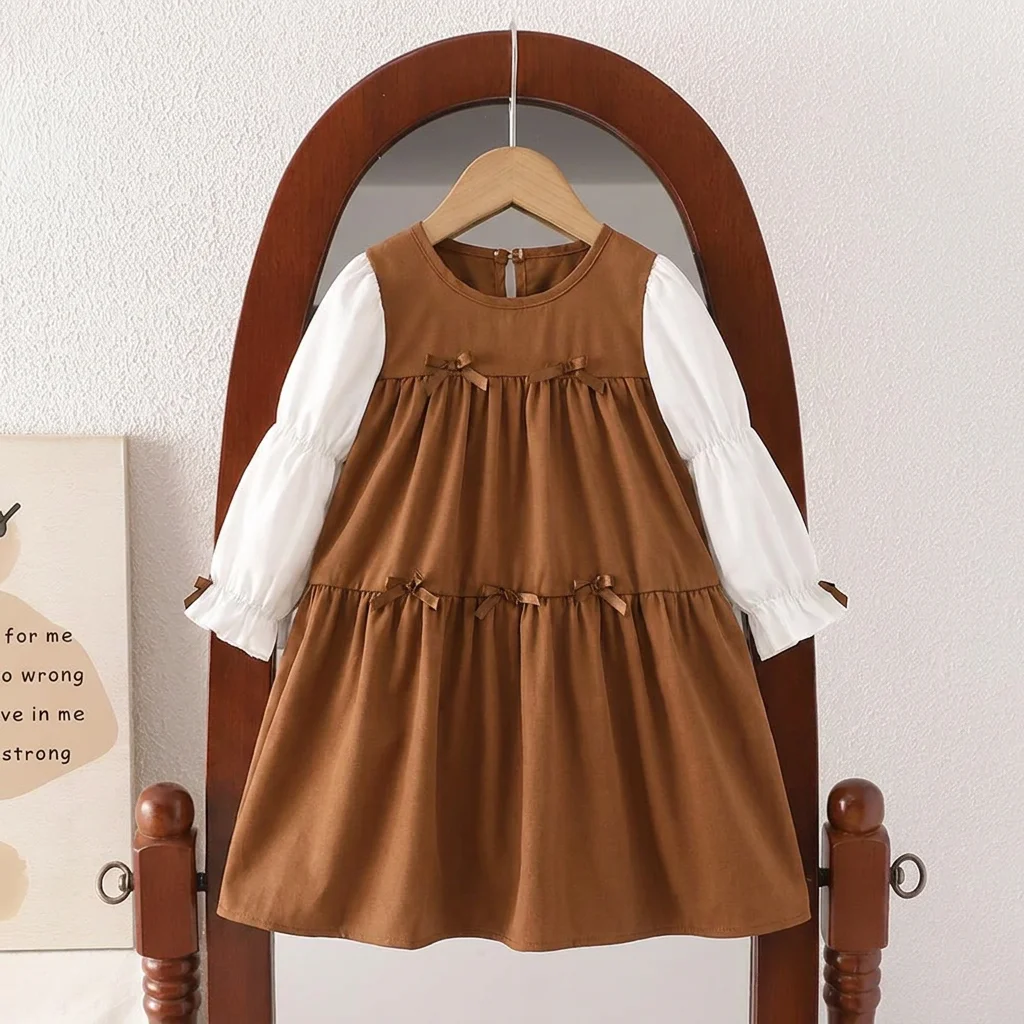 3 4 5 6 7-Jährige Mädchen Herbst Langarm Farbblock-Kleid mit Schleifendekoration Lässiger Landhausstil Kinderkleidung