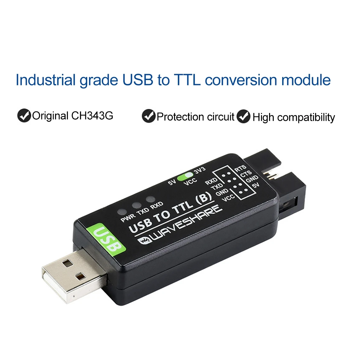 AT87-Waveshare Industrial Grade USB to TTL Converter CH343G Serial Port Conversion Module Support 5V/3.3V Level Conversion Circu
