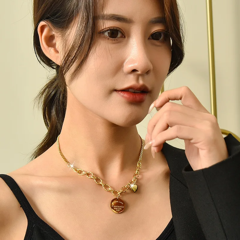 العلامة التجارية الجديدة التيتانيوم الصلب العالمي سلسلة سميكة الربط قلادة، أنثى القلب هندسية لوحة مستديرة قلادة، سلسلة الترقوة