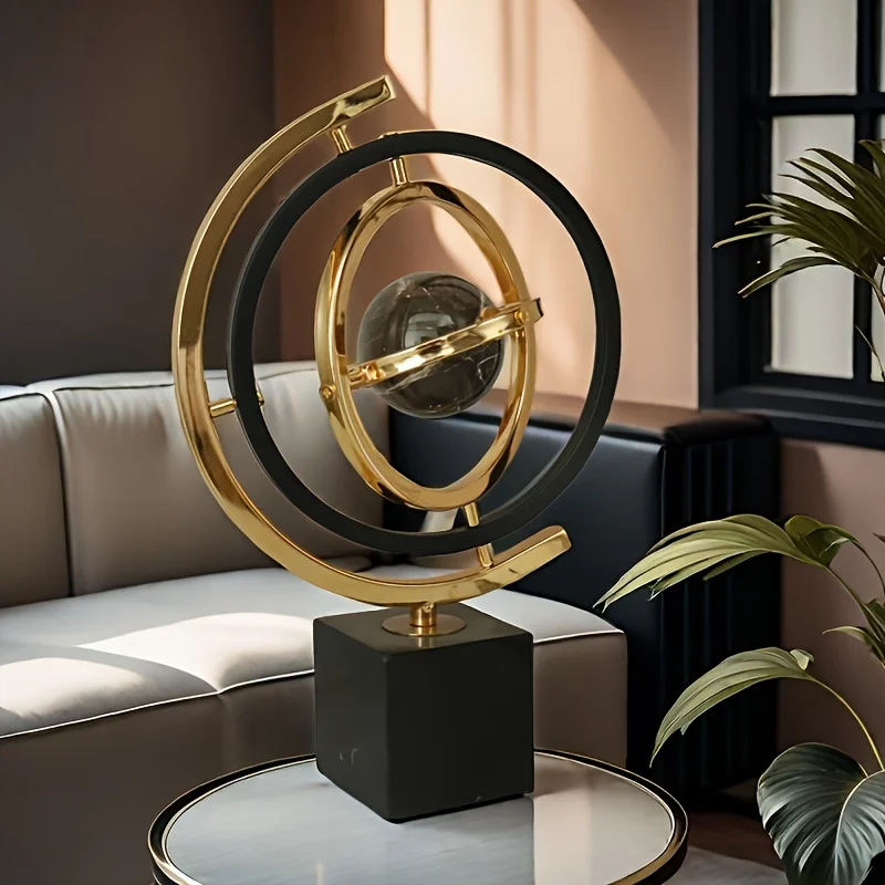 1PC Modern Abstract Metal Globe Sculpture Black & Golden Art Decor with Rectangular Base for Home Office Living Room Study Shelf