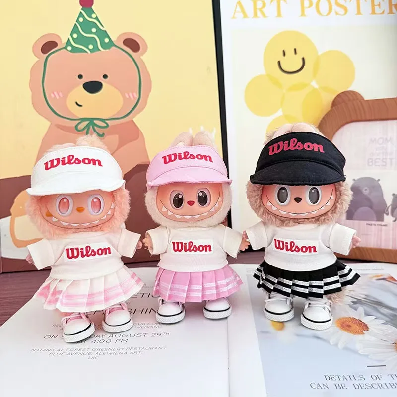 

for 17cm Labubu Doll Tennis Outfit for V1 V2 V3 T- Shirt Hat Pants with Mini Ball Racket Sports Wear for Labubu Doll Accessories