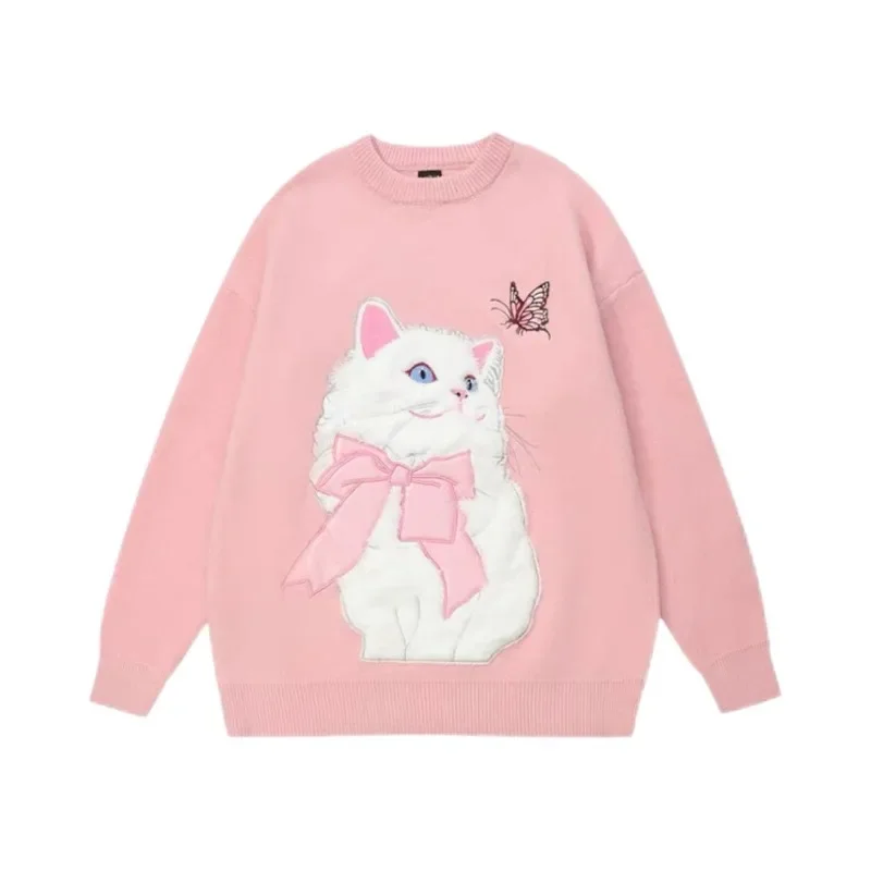 Sweet College Style Sweater Women Autumn Winter New Jacquard Design Loose Outer Wear Cute Kawaii Clothes Cat Knit Sweaters Tops