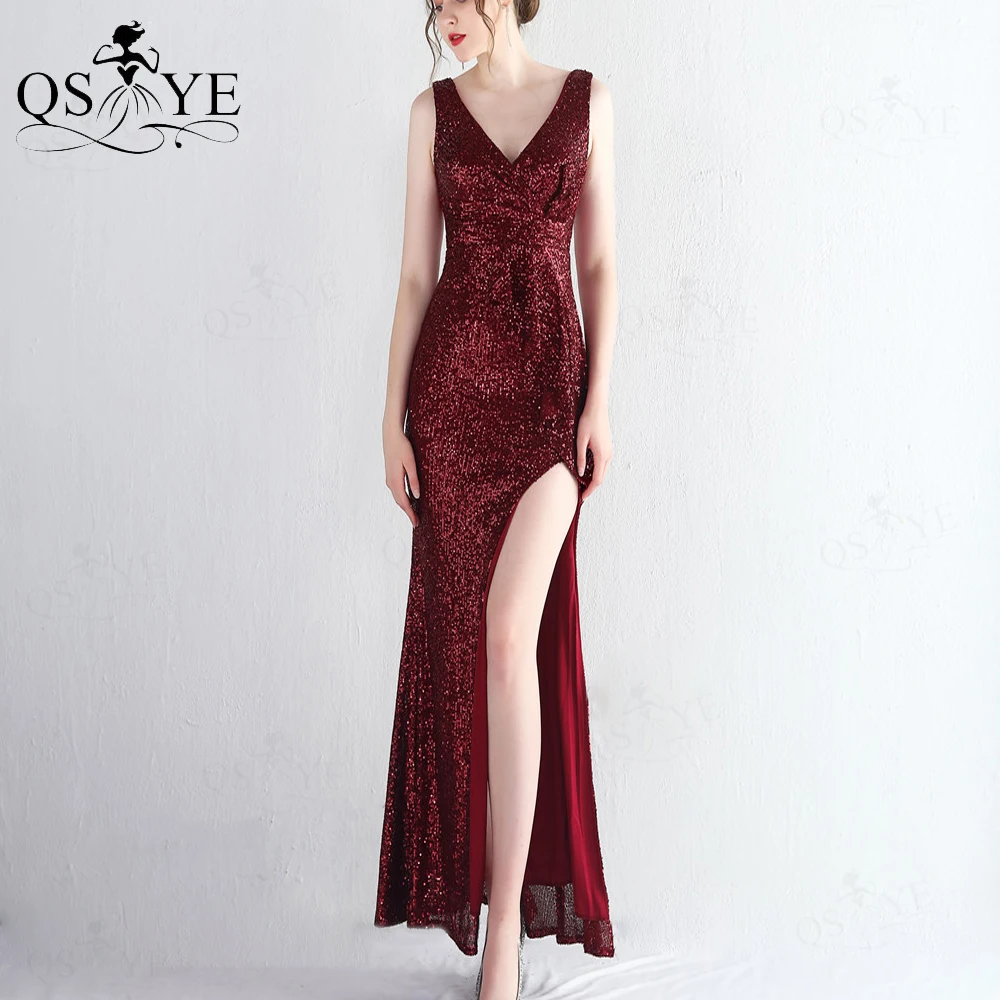 

Burgundy Sequin Prom Dresses V neck Sleeveless Ruffles Evening Gown Backless Sheath Open Split Sexy Lady Red Formal Party Gown