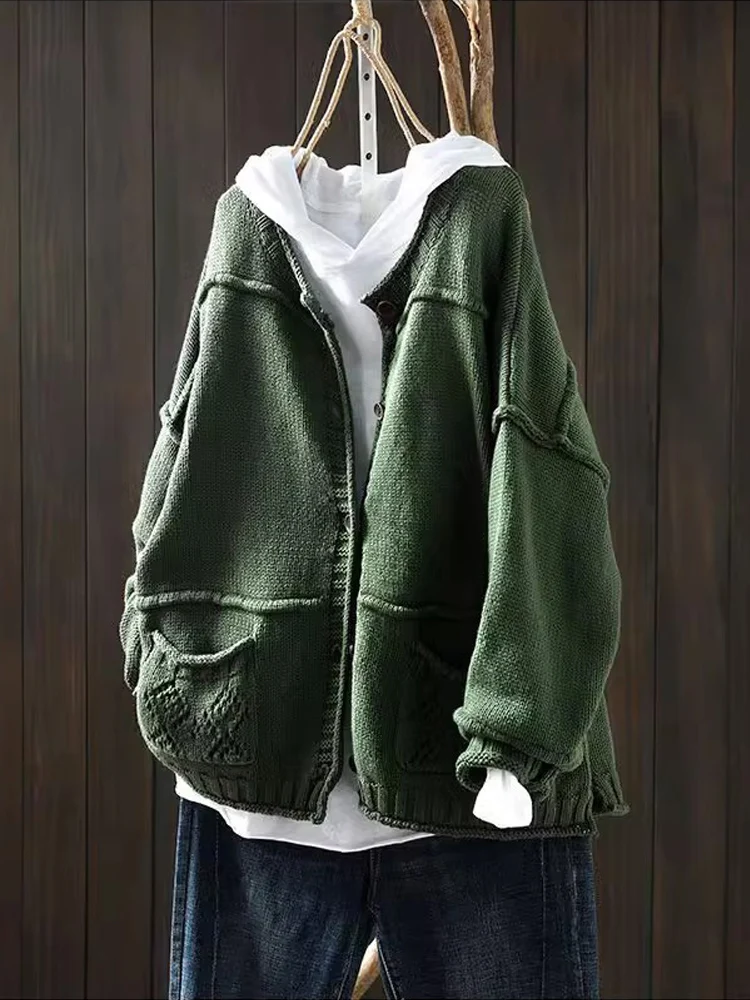 Women Autumn Winter O-Neck Long Sleeve Cardigan Sweaters Vintage Patchwork Casual Loose Streetwear Knitted Tops Female Knitwear