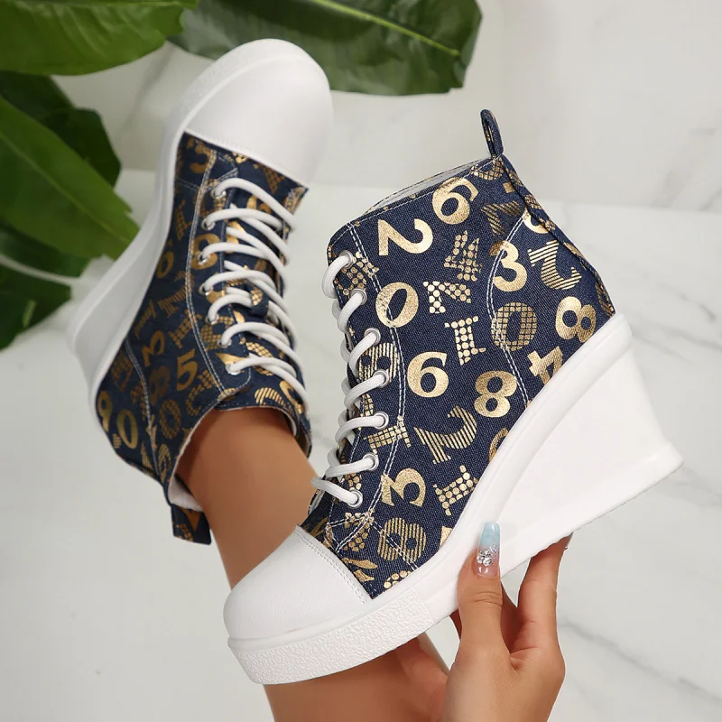 

Large Size Wedge High-Top Canvas Shoes for Women Summer New Fashion Versatile Thick-Soled Height-Increasing Casual Sneakers