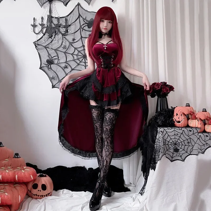 Cospaly Dark Gothic Halloween Sexy Lace Dovetail Halter Dress Dovetail Witch Demon Vampire Ghost Bridal Dress