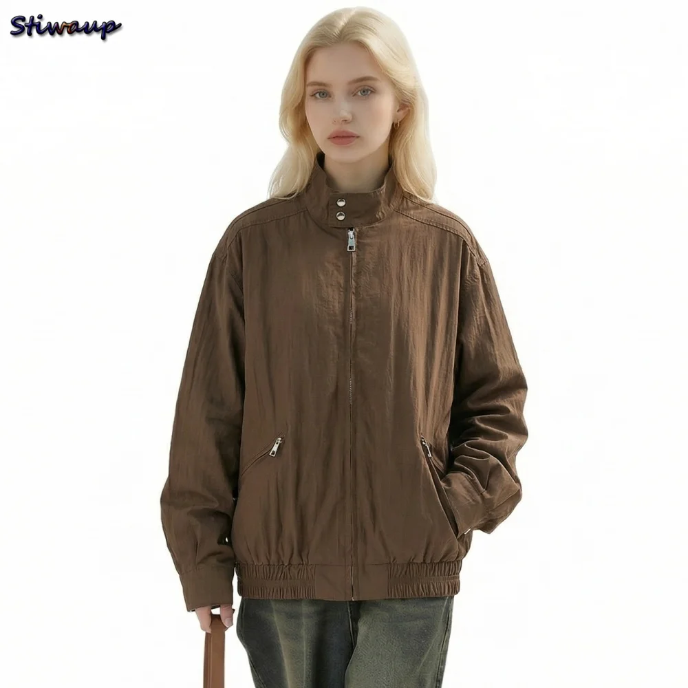 

Women's Spring Bomber Jacket 2026 American Retro Loose Stand Collar Women Jackets Casual Couple Style Autumn Outdoor Clothes