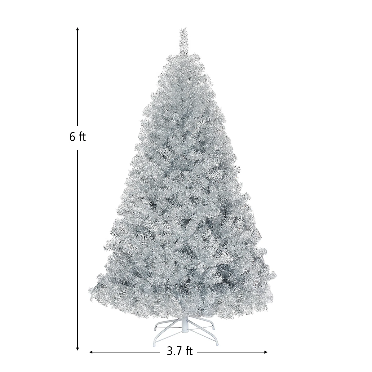 6Ft Hinged Unlit Artificial Silver Tinsel Christmas Tree Holiday w/Metal Stand