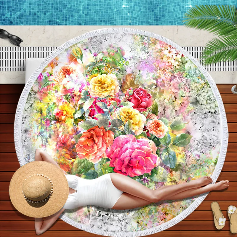 Large Round Colorful Flower Printed Beach Towel Diameter 3D Print Microfiber  With Tassel Fringe Yoga Mat For Adult