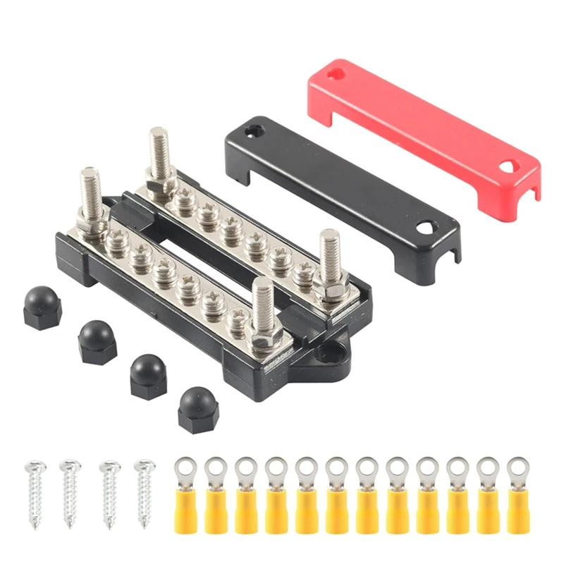 12V Ground/Power Distribution Terminal Block Battery Bus Bar Set (Max 300V AC/48V DC) Negative/Positive Insulated Busbar