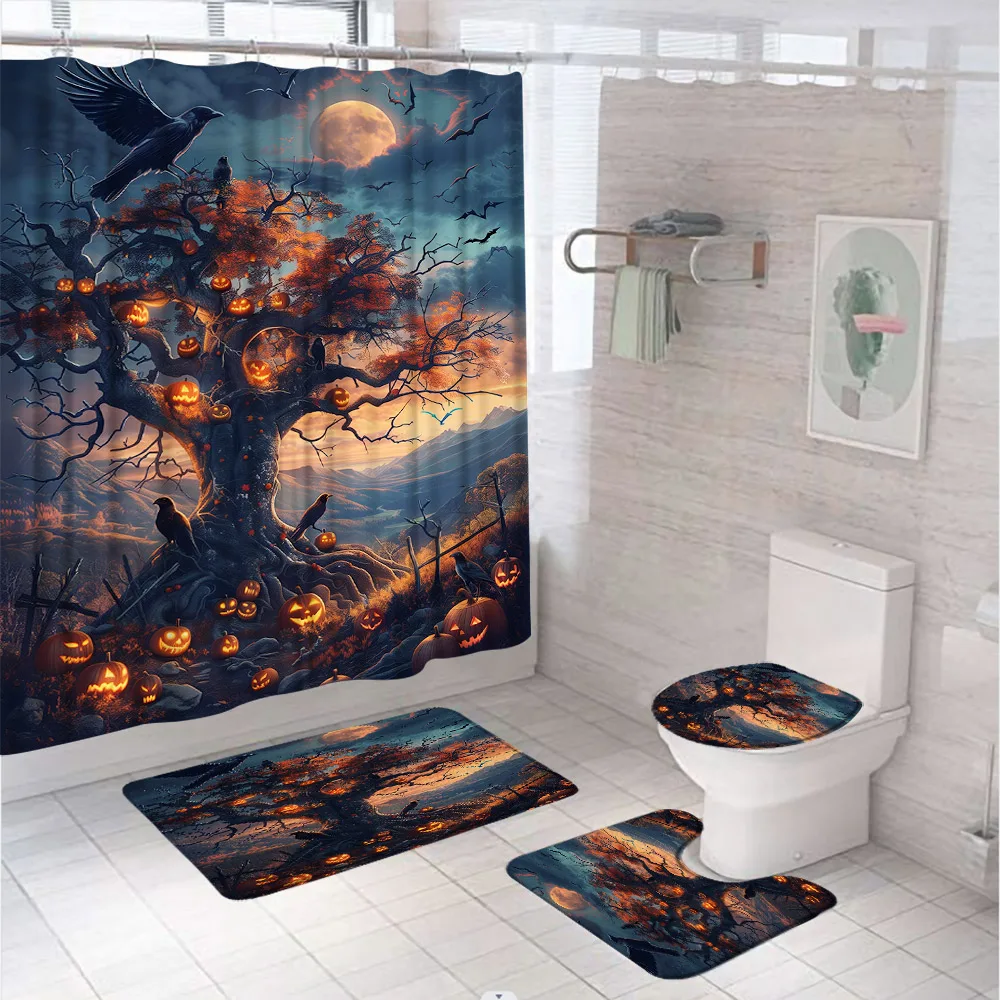 4Pcs Halloween Dead Tree Crow Pumpkin Shower Curtain Set Terror Night Bath Screen Bathroom Mat Non Slip Rug Carpet Toilet Cover