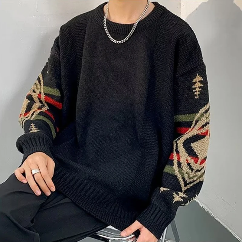 เสื้อสเวตเตอร์ไหมพรมคอโอทรงเอธนิคสำหรับผู้ชายสไตล์ฤดูใบไม้ร่วง Y2K วินเทจ สตรีทแวร์  รุ่นใหม่ล่าสุดปี 2025 ลายพิมพ์ลำลองสำหรับผู้ชาย