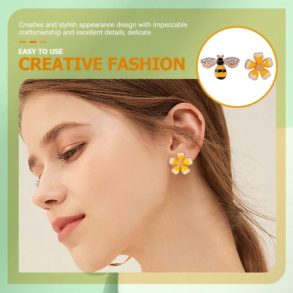 

2 Pcs Flower Bee Earrings Delicate Valentine for Girls Small Alloy Costume Women