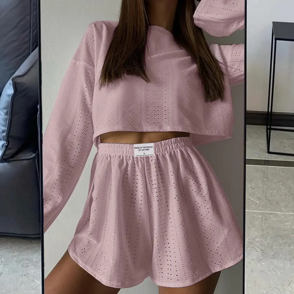 Casual Two-piece Outfit Breathable Homewear Set Women's Loose Long Sleeve Top Shorts Outfit with Elastic Waist Soft for Summer