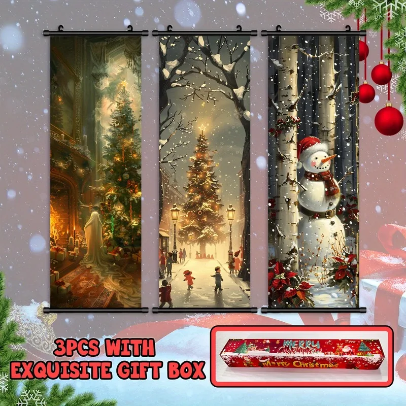 VIKAMA 3PCS Christmas Hanging Banner Set, Snowman Santa Reindeer Night Doorway Wall Tapestry for Xmas Entryway Decor