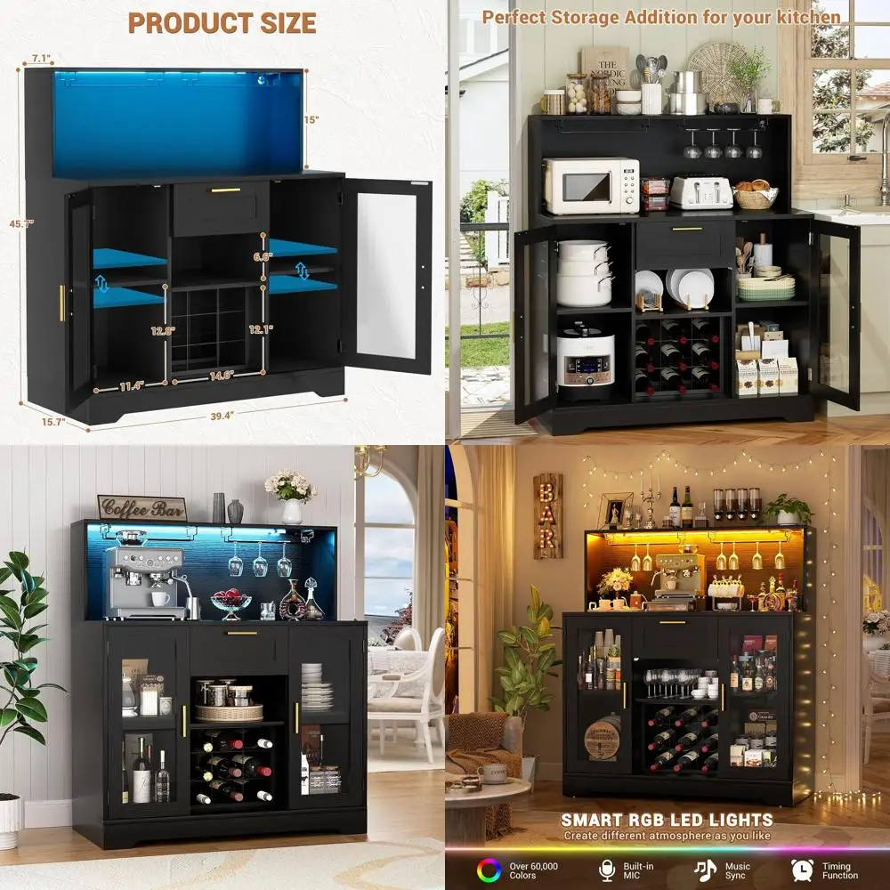 

Illuminated Wine & Liquor Cabinet with Racks, Wine Bar Cabinet with LED Light, Glass Holder, and Storage for Home Kitchen, Black