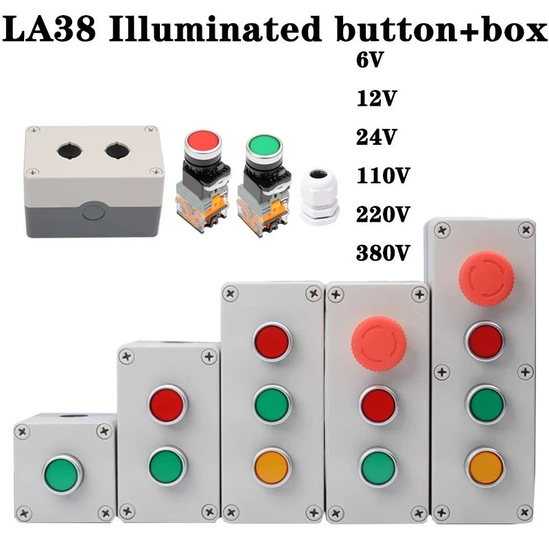 

New illuminated button switch control box power start stop knob 1234 hole reset jog self-locking 24V 220V