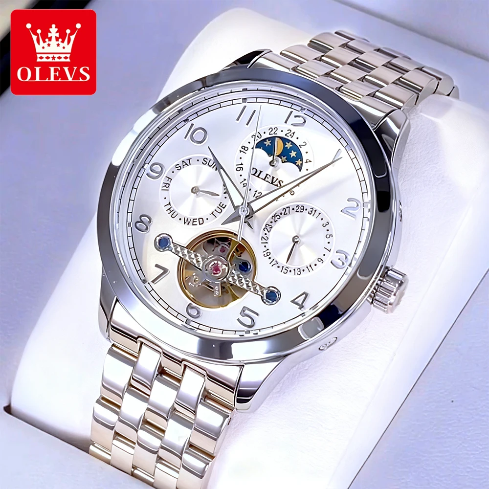 OLEVS ساعات رجال الأعمال عادية الفولاذ المقاوم للصدأ ذاتية الملء دولاب الموازنة الأصلي التلقائي ساعة اليد الميكانيكية مرحلة القمر #1