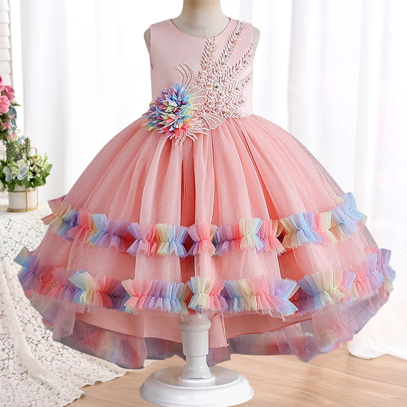 Girls' colorful sleeveless trailing princess skirt 4-12 years old pearl embroidery gauze skirt banquet host fashion high-end dre