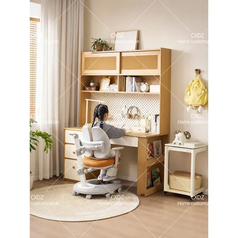Wooden Desk with Bookshelf Integrated Study Table and Chair Set for Primary School Students Home Office Furniture