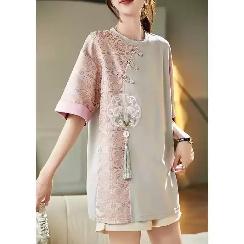 National style jacquard splicing short-sleeved new Chinese bead-buckled versatile casual top, excluding shorts