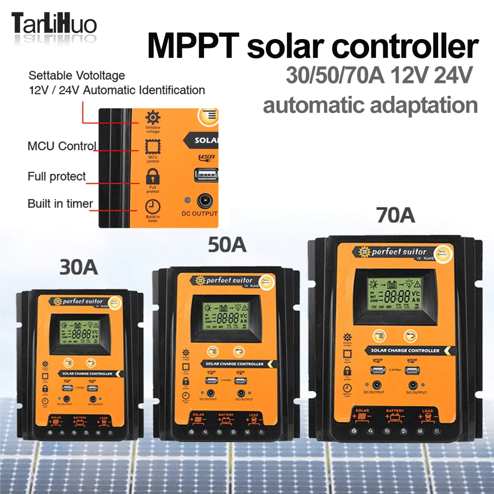 

Solar Charge Controller 12V 24V 30A 50A 70A MPPT Solar System Control PV Cell Controller Battery Regulator USB 5V DC 12V Output