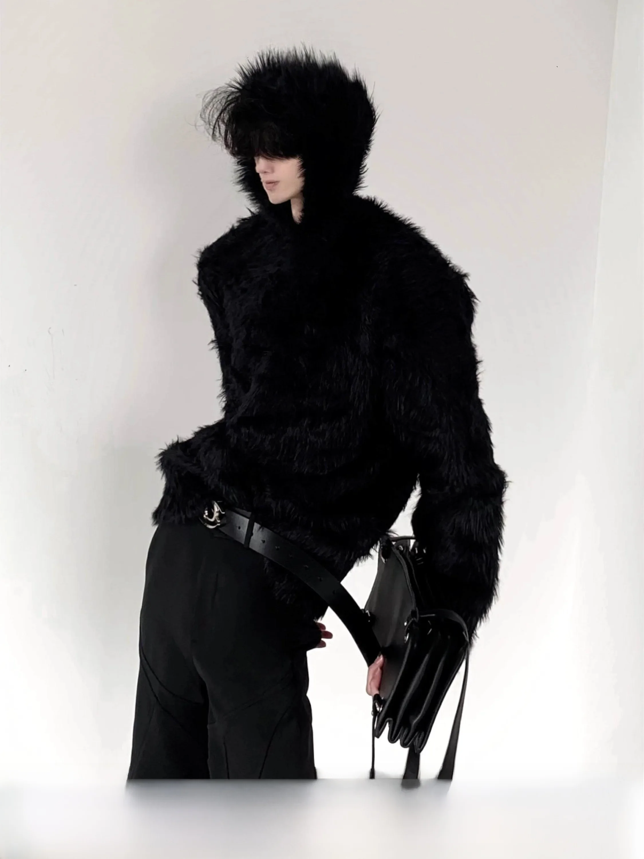 Cleanfit Minimalist Hooded Fake  Fur Knitwear Men's Winter Lazy High-End Feeling Inner Wear Casual Loose Fit Thermal