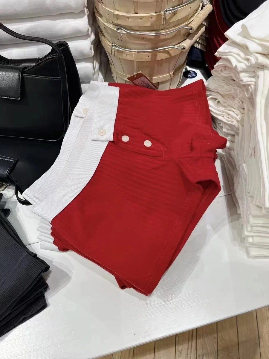 Pantaloncini da casa patchwork con bottoni rossi Pantaloncini da casa casual da donna in cotone sottile elastico in vita Pantaloncini corti vintage chic dolci Y2K