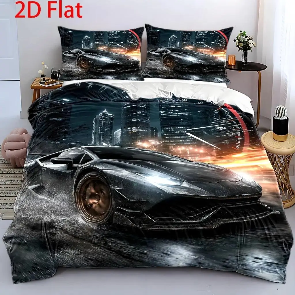 3Pcs Duvet Cover Set, 1Pc Duvet Cover and 2Pcs Pillowcases (No Filling) 2D Flat Printing, Car Theme Pattern, Futuristic Tech Style