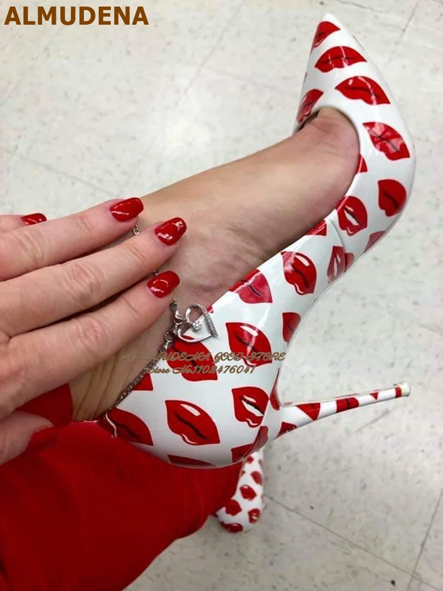 White Mirror Leather Red Lips Printed High Heel Shoes 12cm 10cm 8cm Stilettos Shallow Pointed Toe Dress Pumps Slip-On Footwear