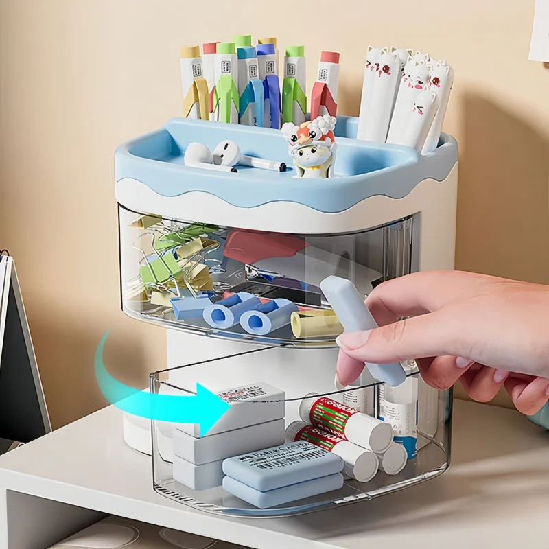 Large Capacity Rotating Desk Organizer with Drawers, Multi Compartment Pen Holder for School Supplies,Office Tools,and Cosmetics view 2