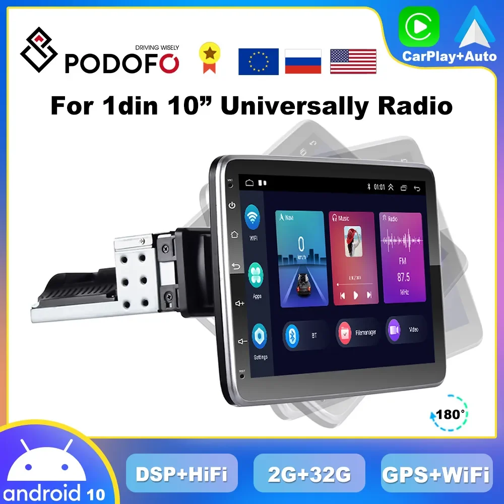 

Podofo 1din CarPlay Rotatable Android Car Radio With 10" Screen Universally Tesla Style Multimedia Player GPS Stereo HiFi RDS BT